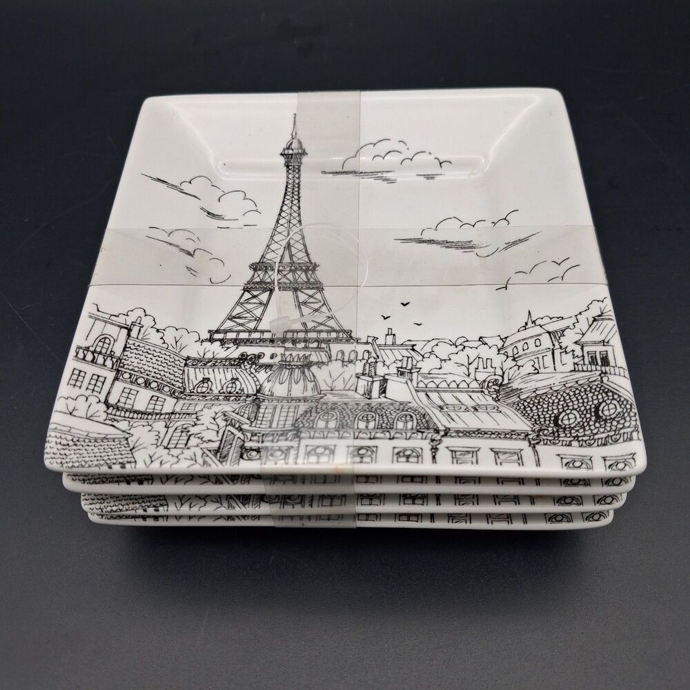 222 Fifth City Scenes Paris Eiffel Tower Square Appetizer Plates 5.5" ~ Set of 4